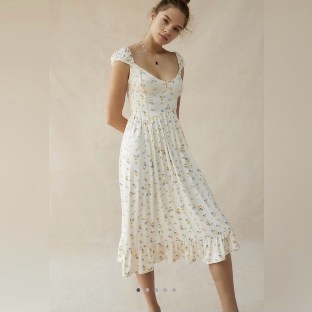 Urban Outfitters Elenor Midi Dress with‎ Yellow & Blue Floral Print size Small